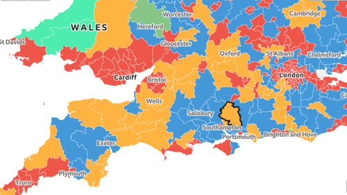 Map showing Lib Dem seats across Southern England and Wales