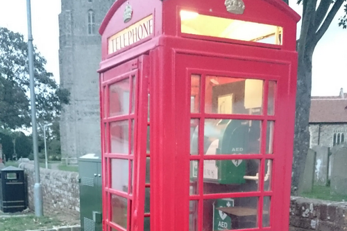 Defibrillator in ex-phone box in Lydd