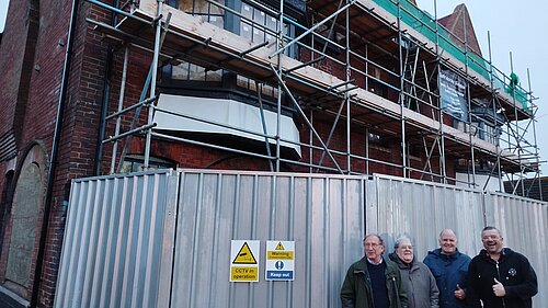 John Renshaw, Roger West, Peter Gane and Tim Prater outside White Lion pub in Cheriton