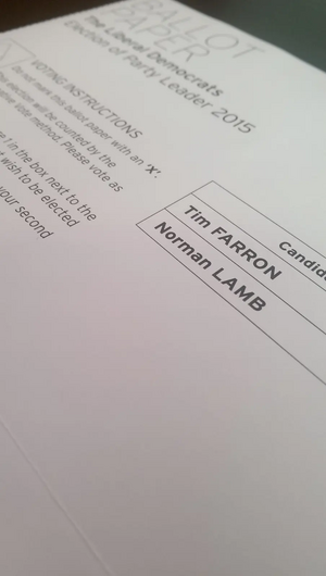 Lib Dem Leadership Election Ballot Paper [Tim Farron / Norman Lamb]