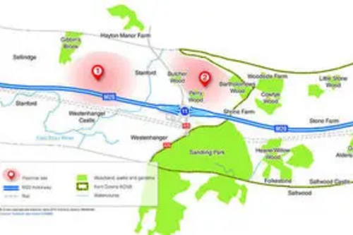 Proposed locations of proposed new lorry parks near the M20 to combat Operation Stack