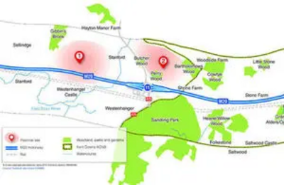 Proposed locations of proposed new lorry parks near the M20 to combat Operation Stack