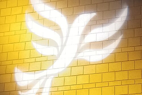 Lib Dem logo bird projected on blockwork