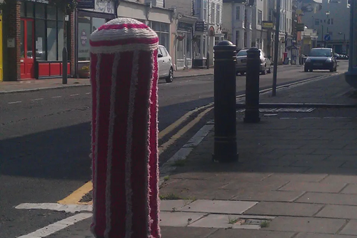 "Yarn bomb" on Bollard