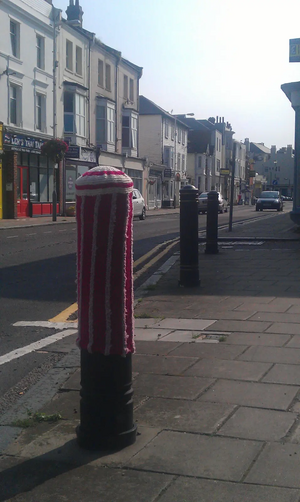 "Yarn bomb" on Bollard