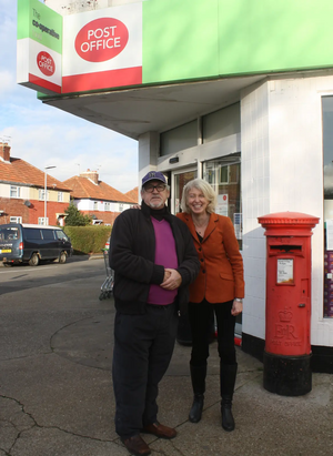 Sarah Smith and Bill Haines outside Post Office in Walmer