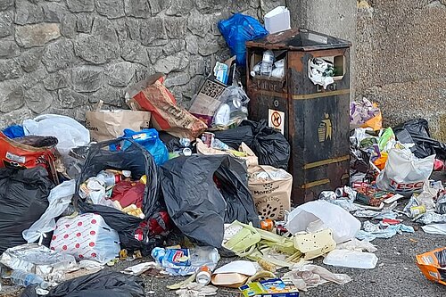 Over-run / overflowing bin and scattered litter and bin bags