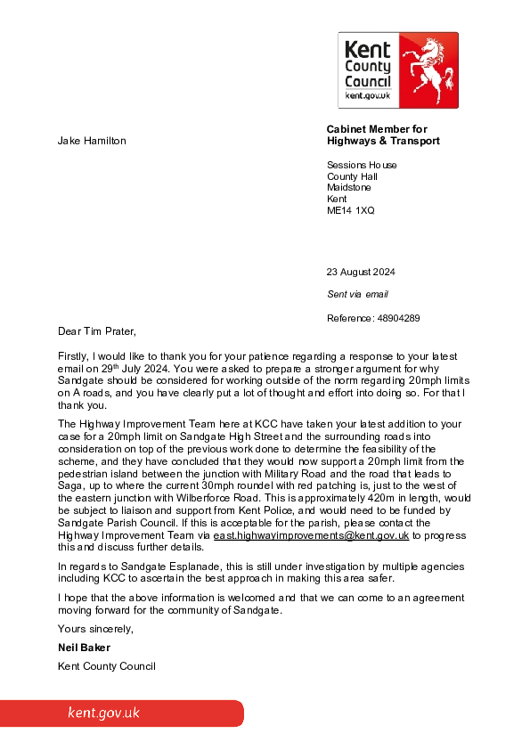 Letter from Neil Baker to Tim Prater, agreeing to a Sandgate 20mph zone