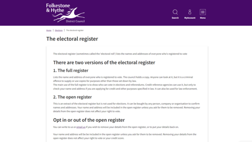 Screenshot of the electoral register page of the F&HDC website