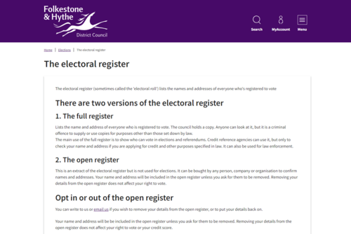 Screenshot of the electoral register page of the F&HDC website