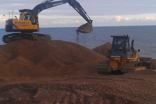 Sandgate Beach replenishment works (heavy plant moving shingle)