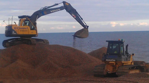 Sandgate Beach replenishment works (heavy plant moving shingle)