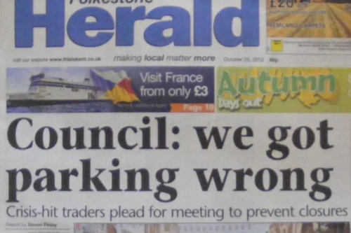 Folkestone Herald with "Council: We Got Parking Wrong" headline