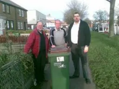 Neil Matthews, Jim Birch and Darren Briddock with a brown-top bin