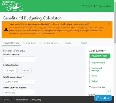 Screenshot of Folkestone and Hythe DC Support calculator page