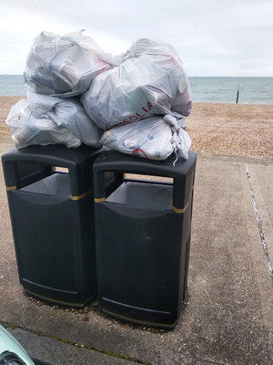 Rubbish bags piled on waste bins