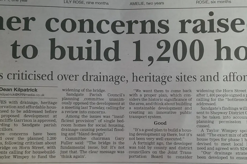 Article from Folkestone Herald 10 July 2014 on Sandgate Parish Council views on Shorncliffe Redevelopment