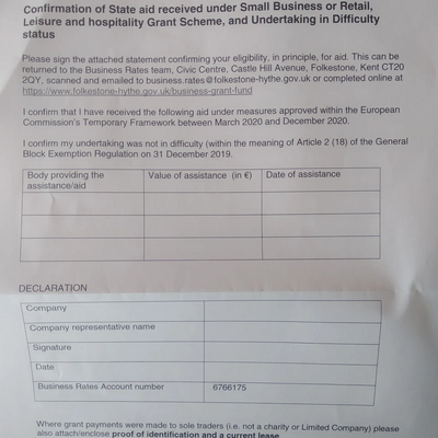 Form for Confirmation of State aid received under small business or retail, leisure and hospitality grant scheme, and undertaking in difficulty status