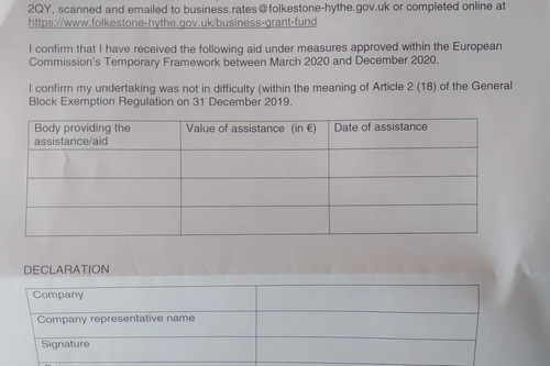 Form for Confirmation of State aid received under small business or retail, leisure and hospitality grant scheme, and undertaking in difficulty status