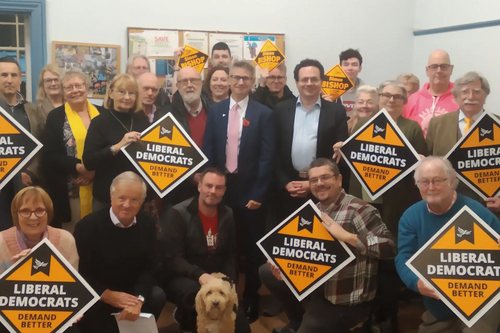 Simon Bishop with Mark Pack and Lib Dem members and supporters from across Folkestone and Hythe