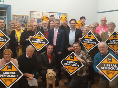 Simon Bishop with Mark Pack and Lib Dem members and supporters from across Folkestone and Hythe