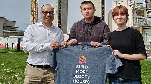 Larry Ngan, Daniel and Fry with "Build More Houses" t-shirt on The Leas, Folkestone