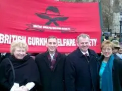 Bev Rolfe, Toby Philpott, Peter Carroll and Lynne Beaumont with Gurkha Welfare banner