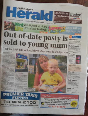 Folkestone Herald with "Out-of-date pasty sold to young mum" headline