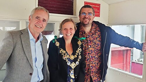 Jim Martin, Anita Jones and Tim Prater in Folkestone Leas Lift car