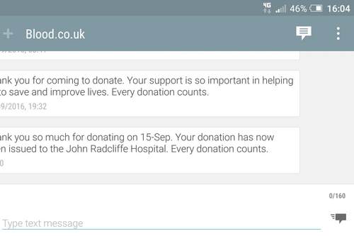 Blood donation thank you text message