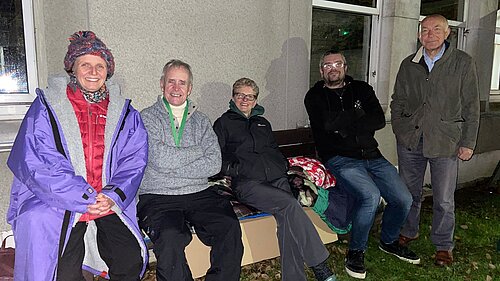 Anita Jones, Jim Martin, Polly Blakemore, Tim Prater being visited at the FHDC Sleep-out by the Chair of the Rainbow Centre Peter Le Feuvre