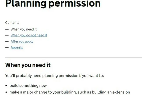 Planning Permission - screenshot of Planning Permission page from gov.uk site