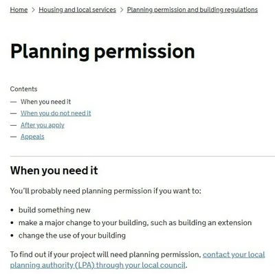 Planning Permission - screenshot of Planning Permission page from gov.uk site