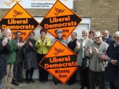 Sharon Bowles MEP, Lynne Beaumont and Lib Dem supporters open the new Shepway Liberal Democrat Campaign office in Hythe