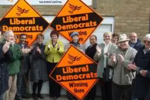 Sharon Bowles MEP, Lynne Beaumont and Lib Dem supporters open the new Shepway Liberal Democrat Campaign office in Hythe