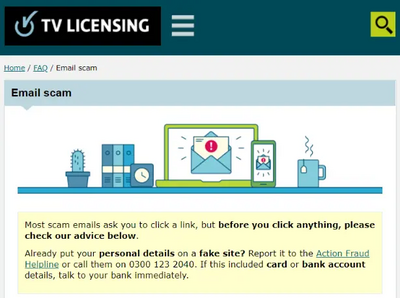 BBC TV Licencing Scam Email page heading