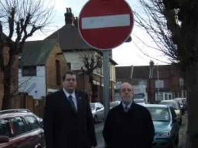 Darren Briddock and Tom McNeice by "No Entry" sign