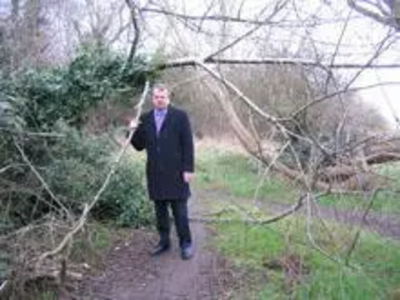 Peter Carroll on the bridleway with the fallen tree